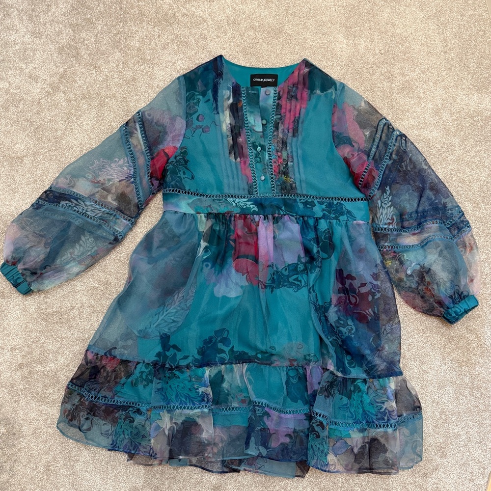 Cynthia Rowley Teal Watercolor Organza Mini Dress - size Small - PRISTINE - Picture 3 of 15